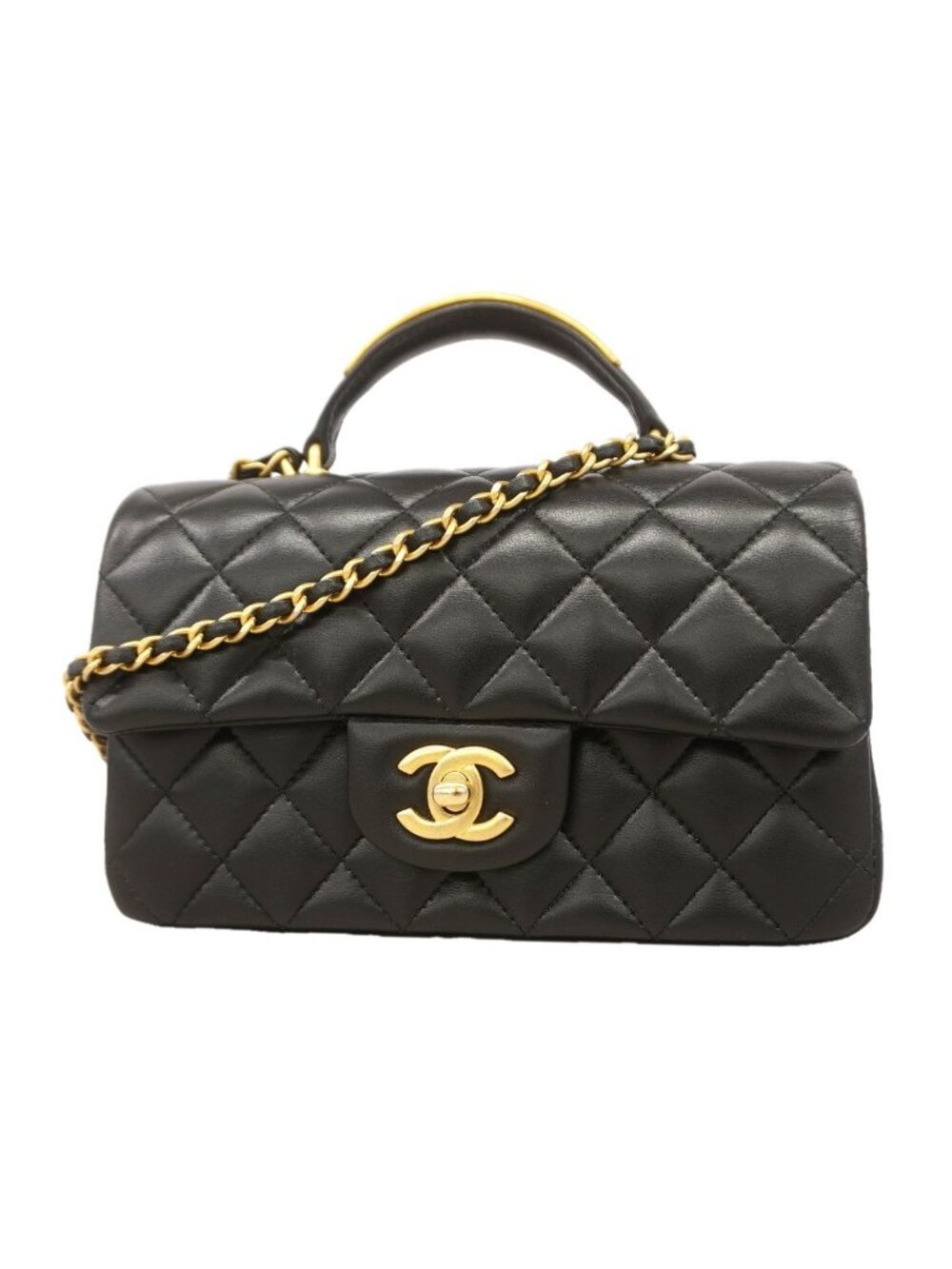Chanel Handbag Quilted Lambskin Black Gold 2-Way Bag